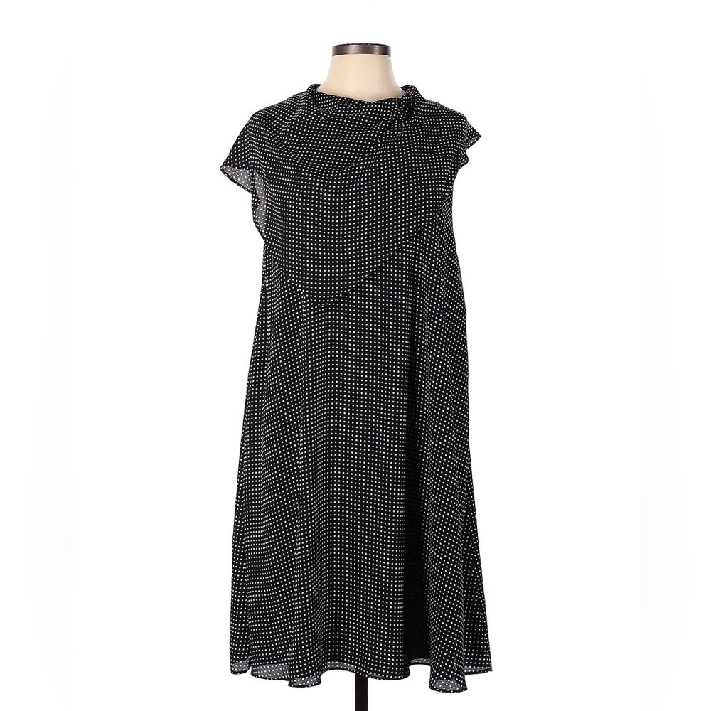 FAME AND PARTNERS Midi Black White Polka Dot Dress Cowl Neck Size 0 2 Work Party